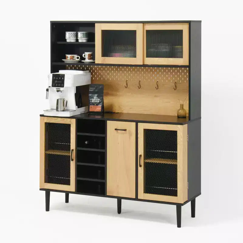 Mobile dispensa da cucina in legno nero/noce con ante in vetro e base per microonde, 3 ante