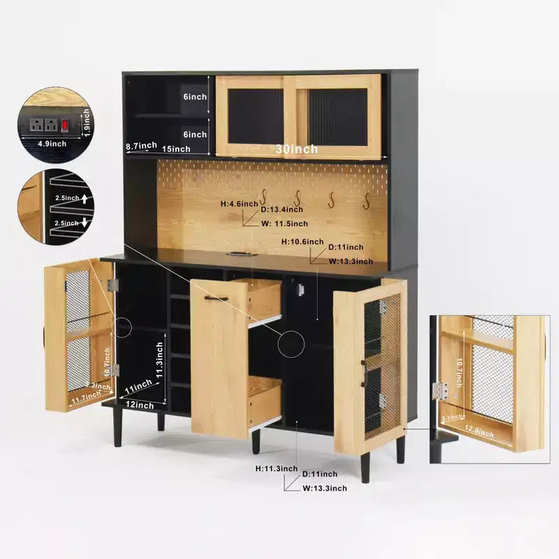 Mobile dispensa da cucina in legno nero/noce con ante in vetro e base per microonde, 3 ante