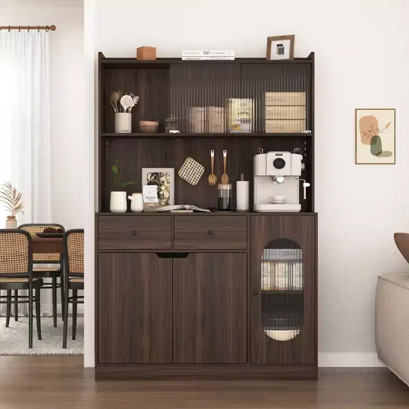 Mobile dispensa da cucina in legno nero/noce con ante in vetro e base per microonde, 3 ante