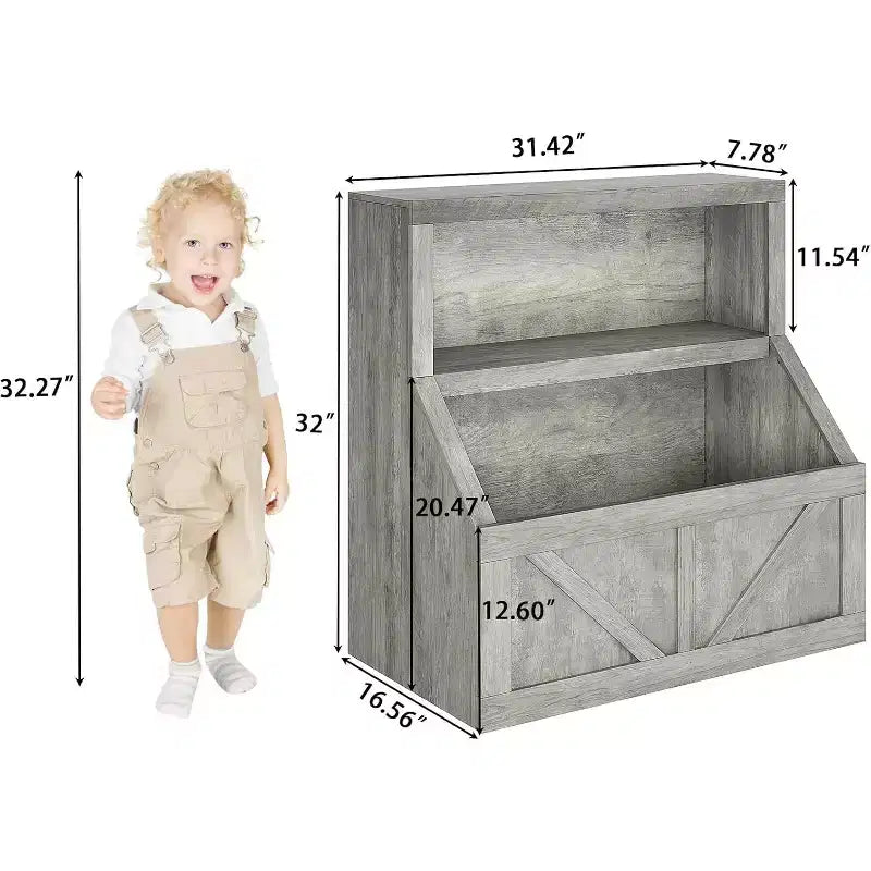 Libreria e armadietto portagiochi per bambini a 2 ripiani bianco antico/grigio/bianco, 1 bambino