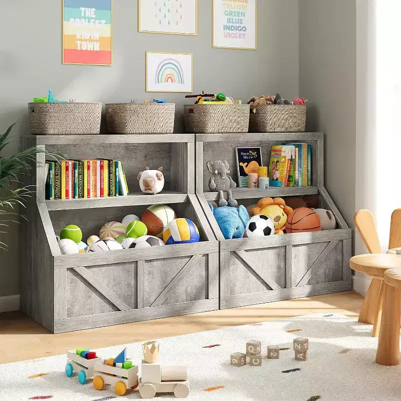 Libreria e armadietto portagiochi per bambini a 2 ripiani bianco antico/grigio/bianco, 1 bambino
