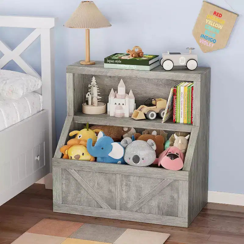 Libreria e armadietto portagiochi per bambini a 2 ripiani bianco antico/grigio/bianco, 1 bambino