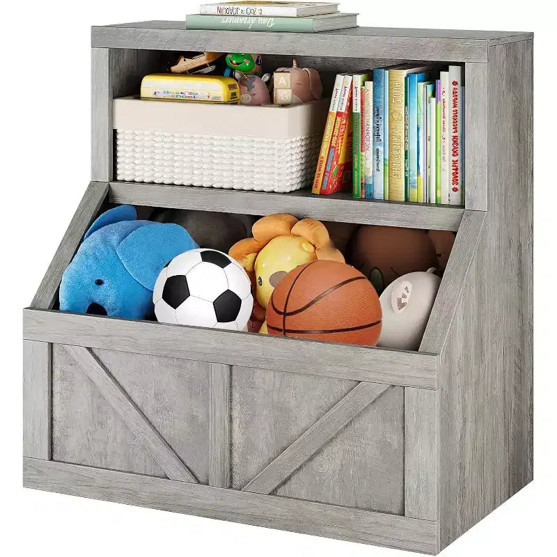Libreria e armadietto portagiochi per bambini a 2 ripiani bianco antico/grigio/bianco, 1 bambino