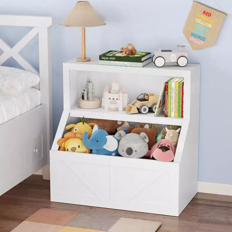 Libreria e armadietto portagiochi per bambini a 2 ripiani bianco antico/grigio/bianco, 1 bambino