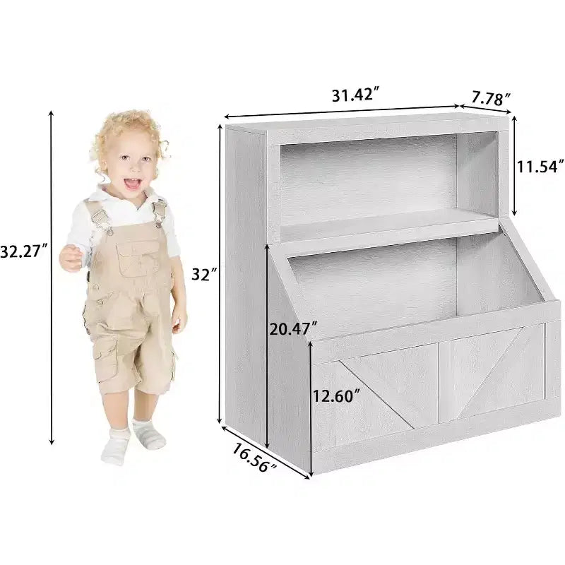 Libreria e armadietto portagiochi per bambini a 2 ripiani bianco antico/grigio/bianco, 1 bambino