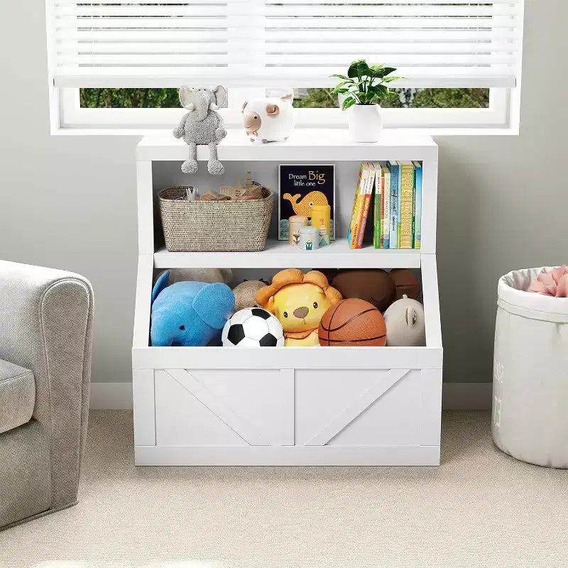 Libreria e armadietto portagiochi per bambini a 2 ripiani bianco antico/grigio/bianco, 1 bambino