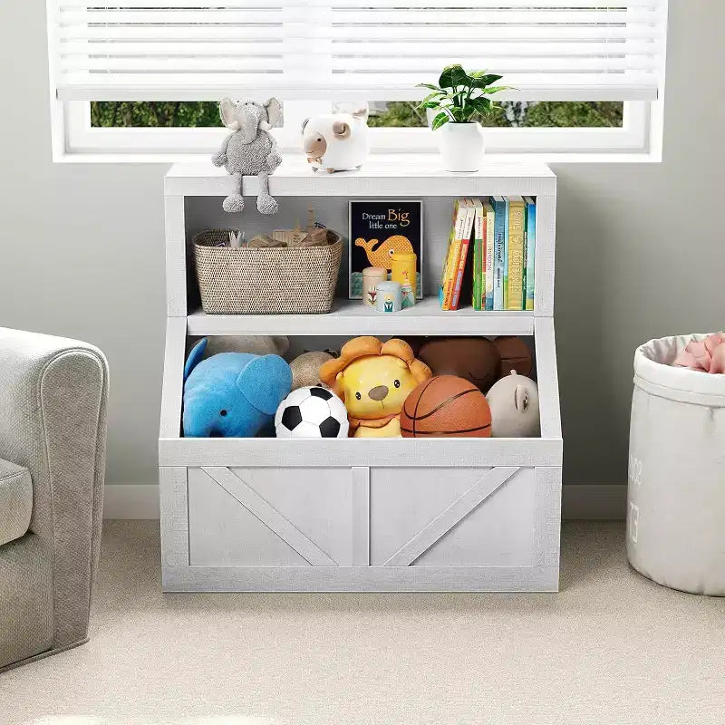 Libreria e armadietto portagiochi per bambini a 2 ripiani bianco antico/grigio/bianco, 1 bambino
