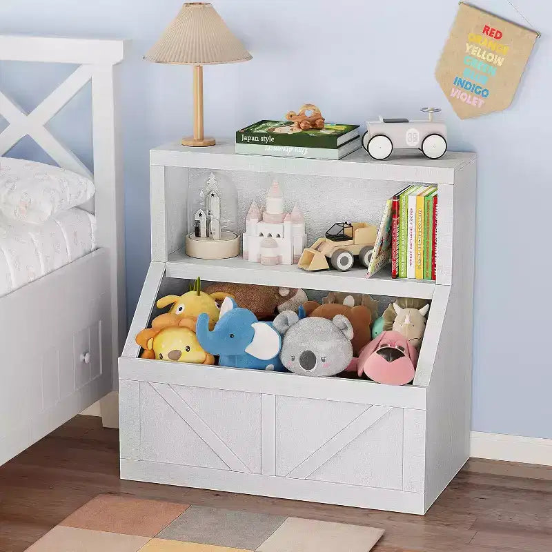 Libreria e armadietto portagiochi per bambini a 2 ripiani bianco antico/grigio/bianco, 1 bambino