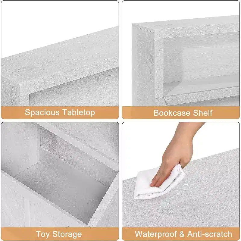 Libreria e armadietto portagiochi per bambini a 2 ripiani bianco antico/grigio/bianco, 1 bambino