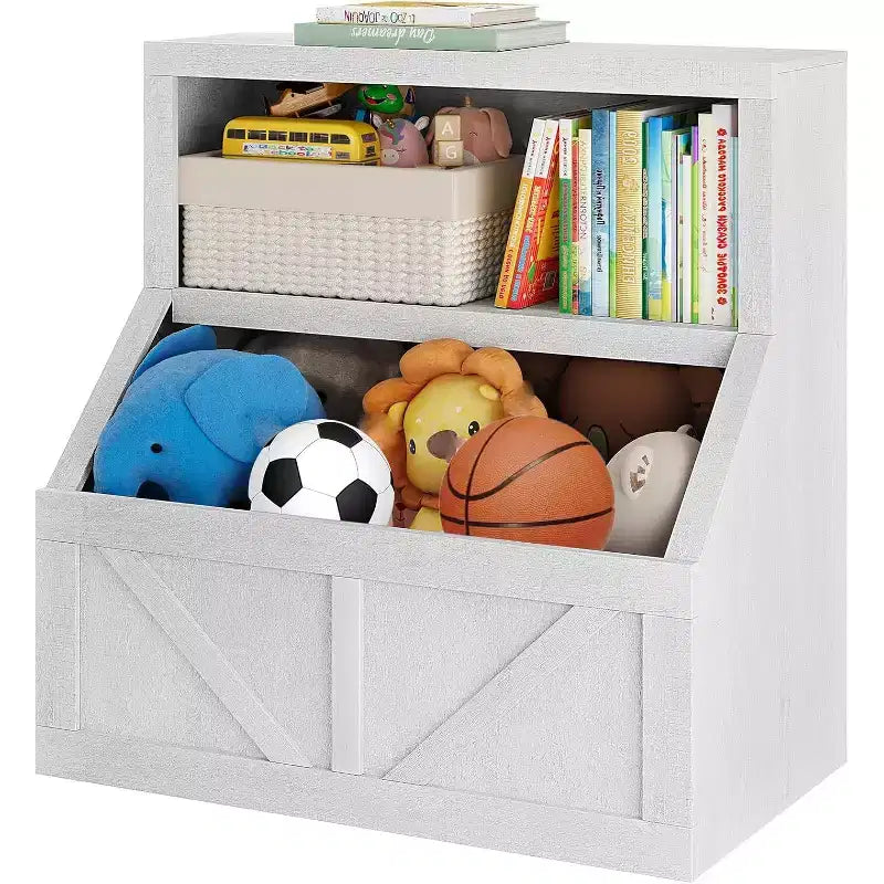 Libreria e armadietto portagiochi per bambini a 2 ripiani bianco antico/grigio/bianco, 1 bambino
