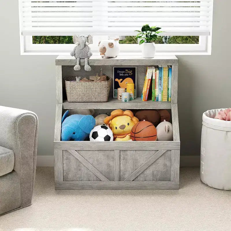 Libreria e armadietto portagiochi per bambini a 2 ripiani bianco antico/grigio/bianco, 1 bambino