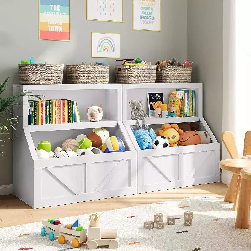 Libreria e armadietto portagiochi per bambini a 2 ripiani bianco antico/grigio/bianco, 1 bambino