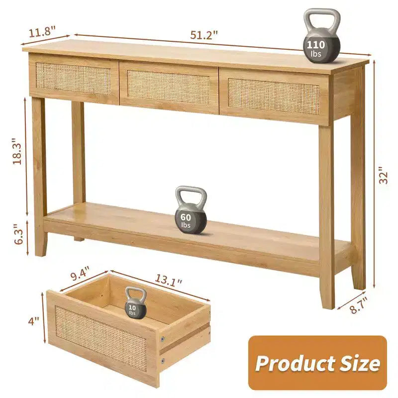 Consolle da ingresso a 2 livelli con 3 cassetti in rattan beige