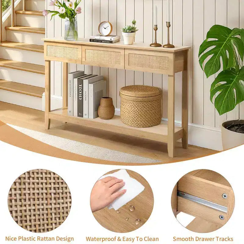 Consolle da ingresso a 2 livelli con 3 cassetti in rattan beige
