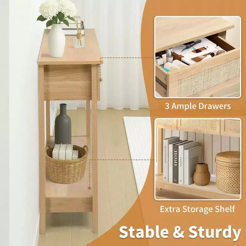 Consolle da ingresso a 2 livelli con 3 cassetti in rattan beige