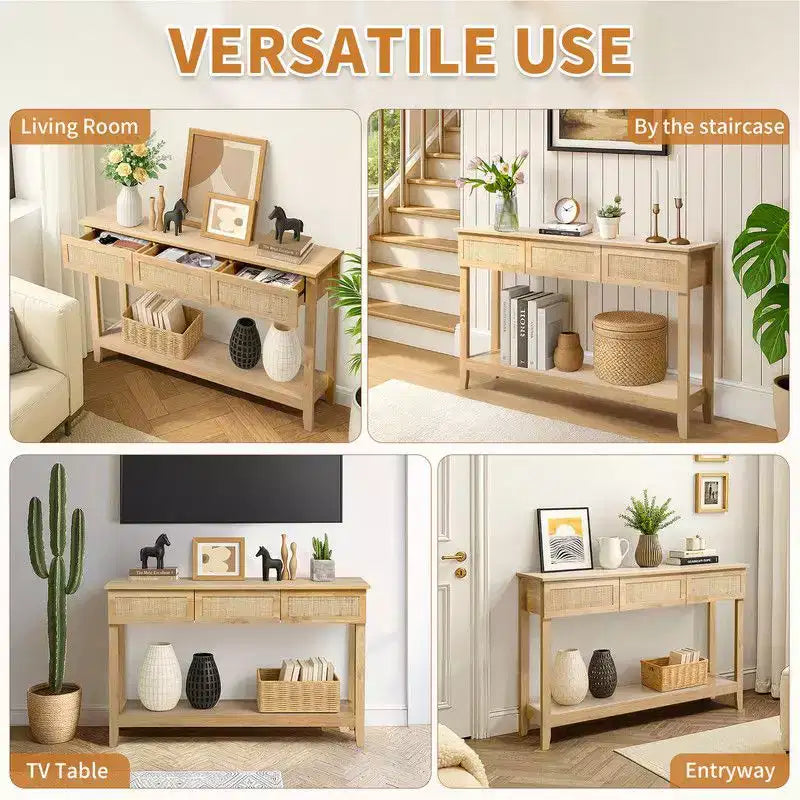 Consolle da ingresso a 2 livelli con 3 cassetti in rattan beige