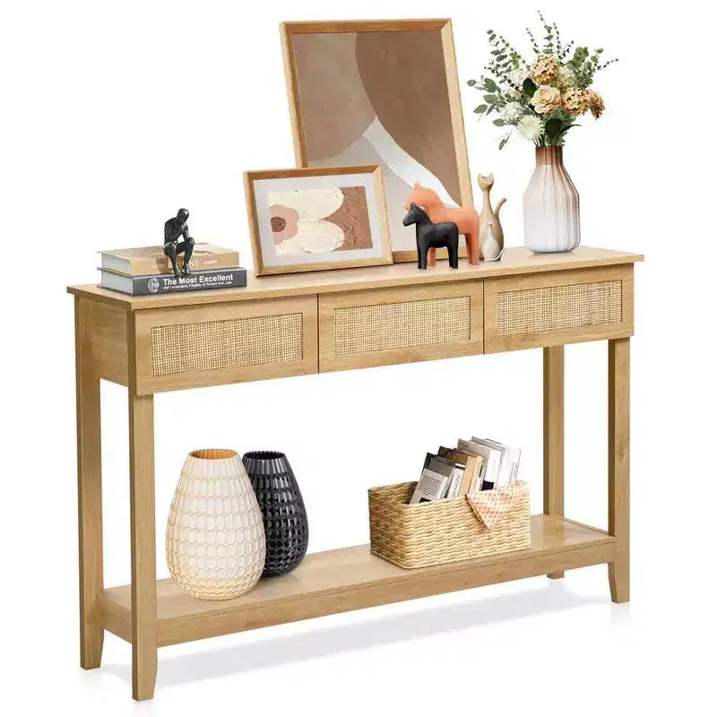 Consolle da ingresso a 2 livelli con 3 cassetti in rattan beige