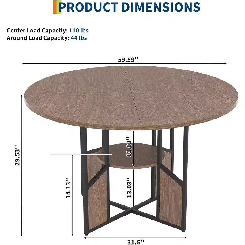 Tavolo da Pranzo Rotondo 151 cm, Stile Industriale, 4-6 Posti – Legno/Nero o Noce