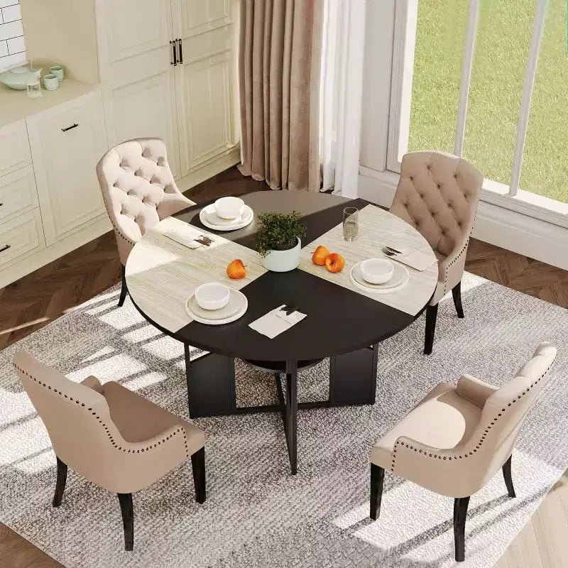 Tavolo da Pranzo Rotondo 151 cm, Stile Industriale, 4-6 Posti – Legno/Nero o Noce
