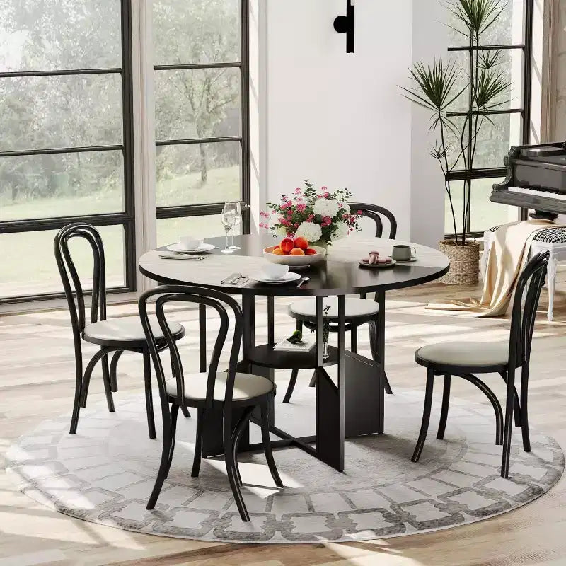 Tavolo da Pranzo Rotondo 151 cm, Stile Industriale, 4-6 Posti – Legno/Nero o Noce