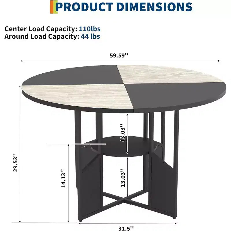 Tavolo da Pranzo Rotondo 151 cm, Stile Industriale, 4-6 Posti – Legno/Nero o Noce
