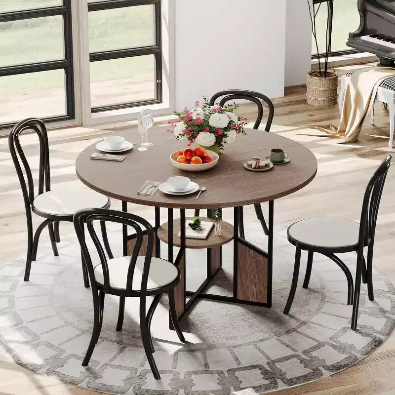 Tavolo da Pranzo Rotondo 151 cm, Stile Industriale, 4-6 Posti – Legno/Nero o Noce
