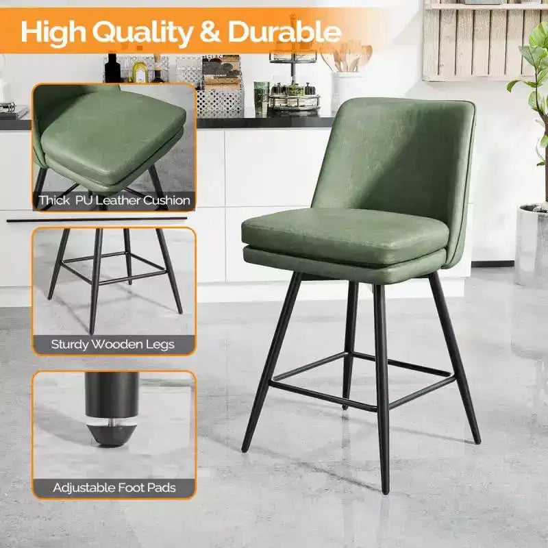 Sgabello da bar girevole quadrato in pelle sintetica, schienale medio, senza braccioli, 1 posto, set da 2 – Nero / Blu / Marrone / Verde / Bianco