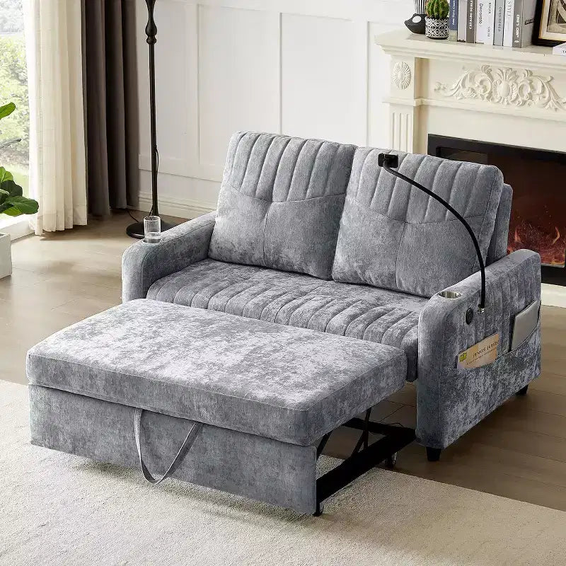 Divano letto estraibile a 2 posti beige/grigio/verde acqua con schienale regolabile e porte di ricarica
