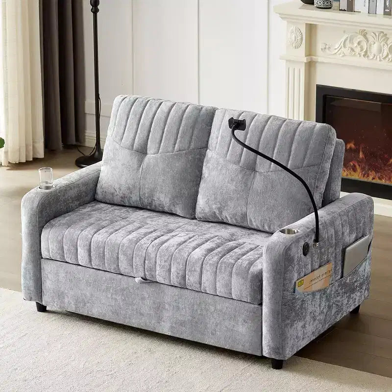 Divano letto estraibile a 2 posti beige/grigio/verde acqua con schienale regolabile e porte di ricarica