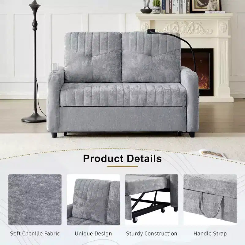 Divano letto estraibile a 2 posti beige/grigio/verde acqua con schienale regolabile e porte di ricarica