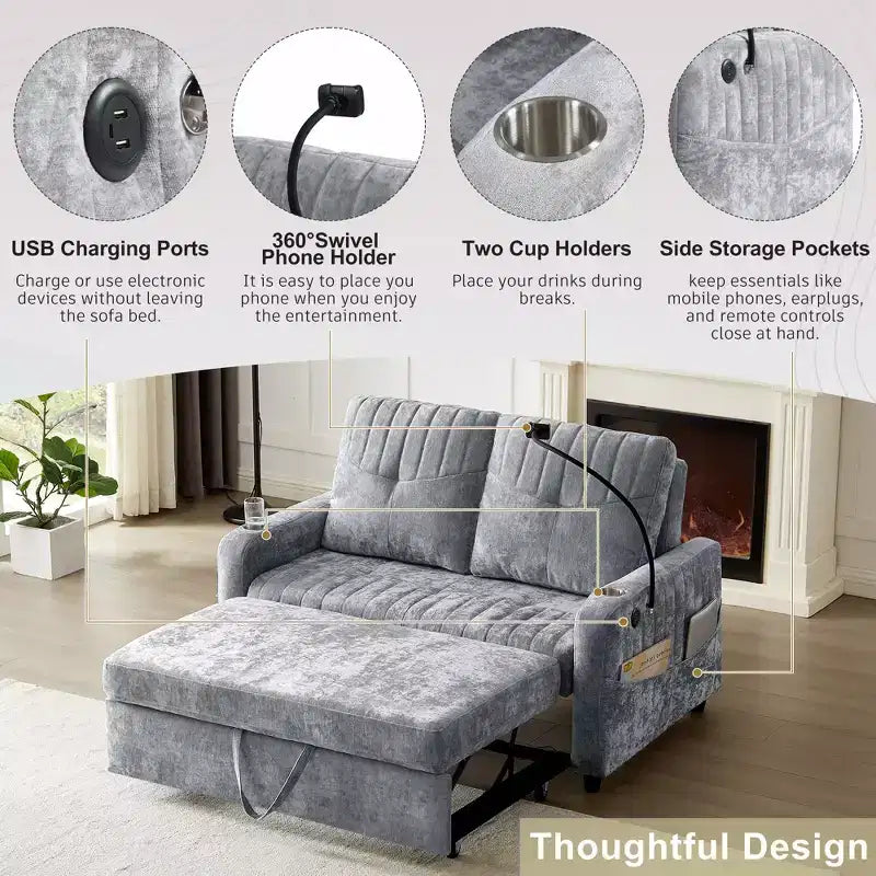 Divano letto estraibile a 2 posti beige/grigio/verde acqua con schienale regolabile e porte di ricarica