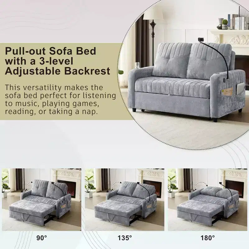 Divano letto estraibile a 2 posti beige/grigio/verde acqua con schienale regolabile e porte di ricarica