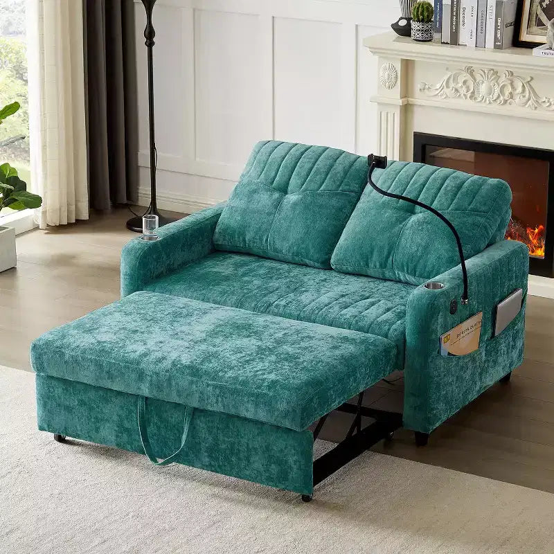 Divano letto estraibile a 2 posti beige/grigio/verde acqua con schienale regolabile e porte di ricarica