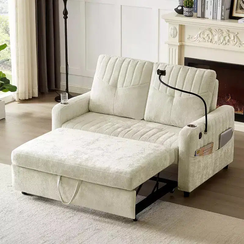 Divano letto estraibile a 2 posti beige/grigio/verde acqua con schienale regolabile e porte di ricarica