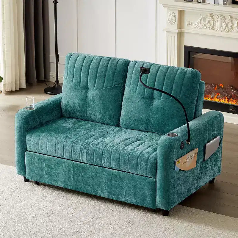 Divano letto estraibile a 2 posti beige/grigio/verde acqua con schienale regolabile e porte di ricarica