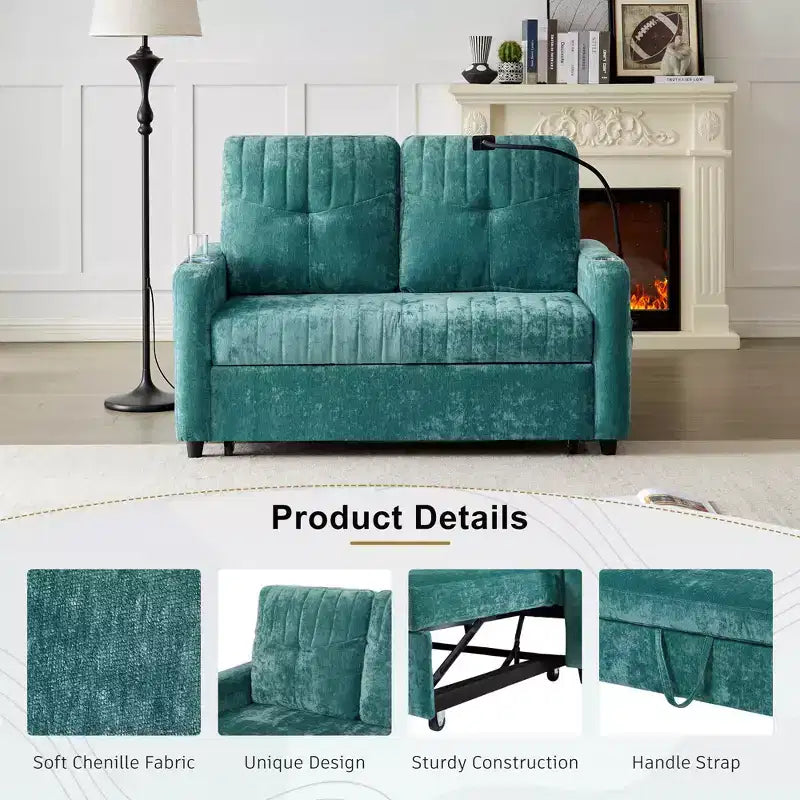 Divano letto estraibile a 2 posti beige/grigio/verde acqua con schienale regolabile e porte di ricarica
