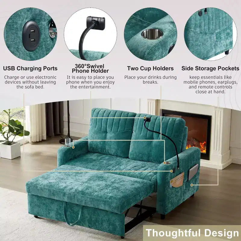 Divano letto estraibile a 2 posti beige/grigio/verde acqua con schienale regolabile e porte di ricarica