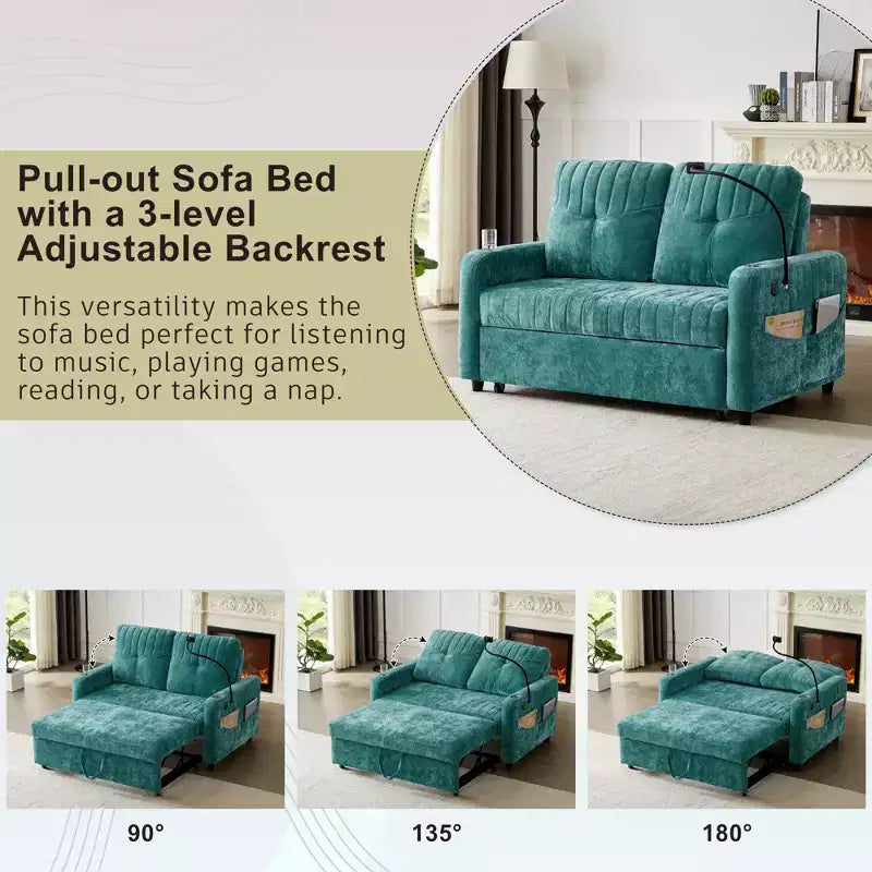 Divano letto estraibile a 2 posti beige/grigio/verde acqua con schienale regolabile e porte di ricarica