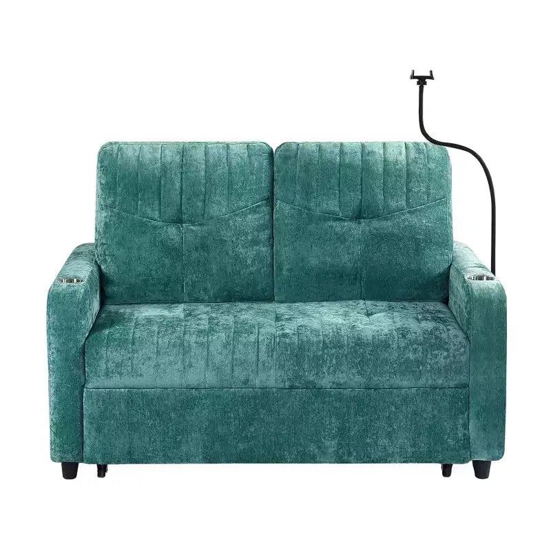 Divano letto estraibile a 2 posti beige/grigio/verde acqua con schienale regolabile e porte di ricarica