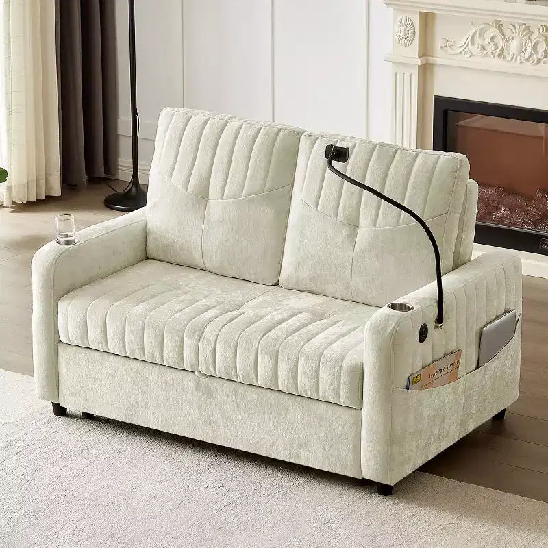 Divano letto estraibile a 2 posti beige/grigio/verde acqua con schienale regolabile e porte di ricarica