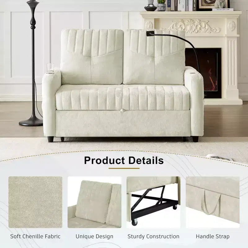 Divano letto estraibile a 2 posti beige/grigio/verde acqua con schienale regolabile e porte di ricarica