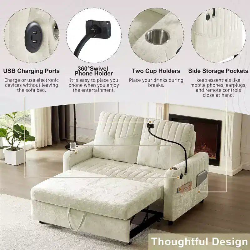 Divano letto estraibile a 2 posti beige/grigio/verde acqua con schienale regolabile e porte di ricarica