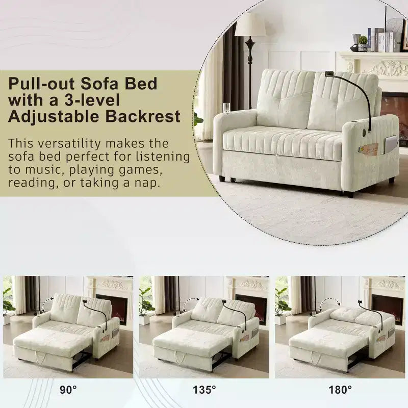Divano letto estraibile a 2 posti beige/grigio/verde acqua con schienale regolabile e porte di ricarica