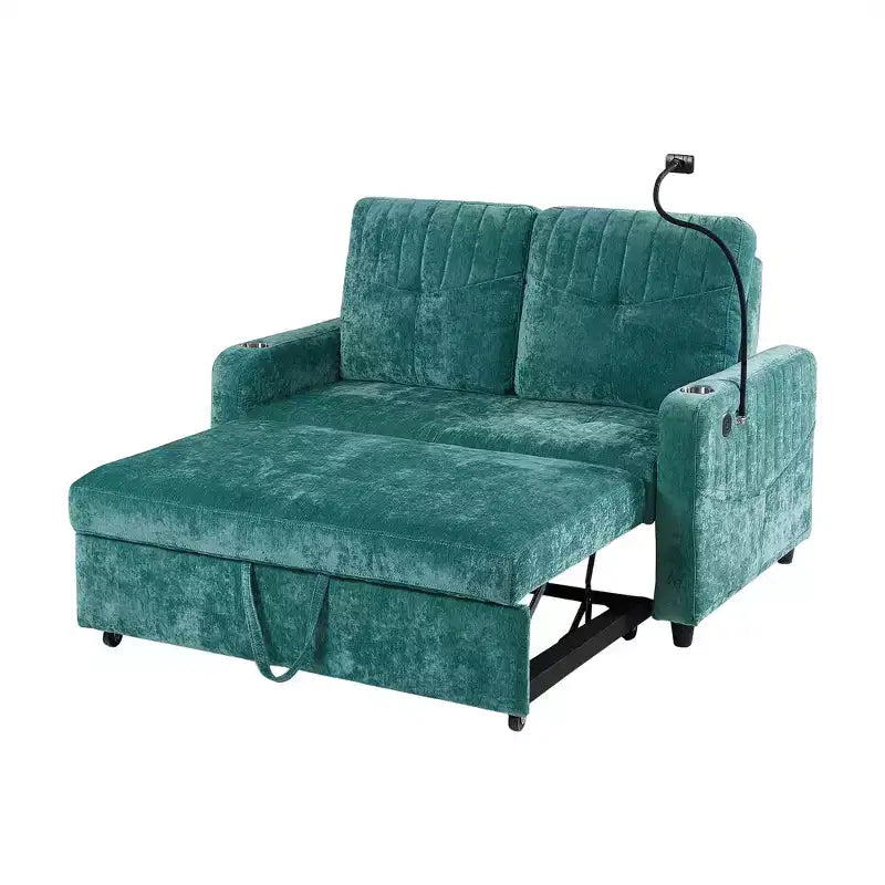Divano letto estraibile a 2 posti beige/grigio/verde acqua con schienale regolabile e porte di ricarica