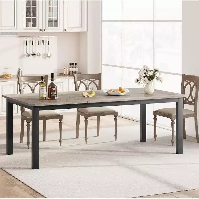 Tavolo da pranzo in legno industriale per 6-8 persone, nero/grigio/color retrò, rettangolare 78"