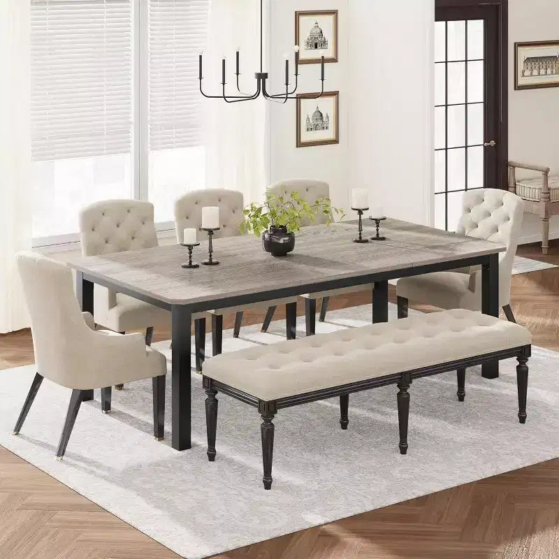 Tavolo da pranzo in legno industriale per 6-8 persone, nero/grigio/color retrò, rettangolare 78"