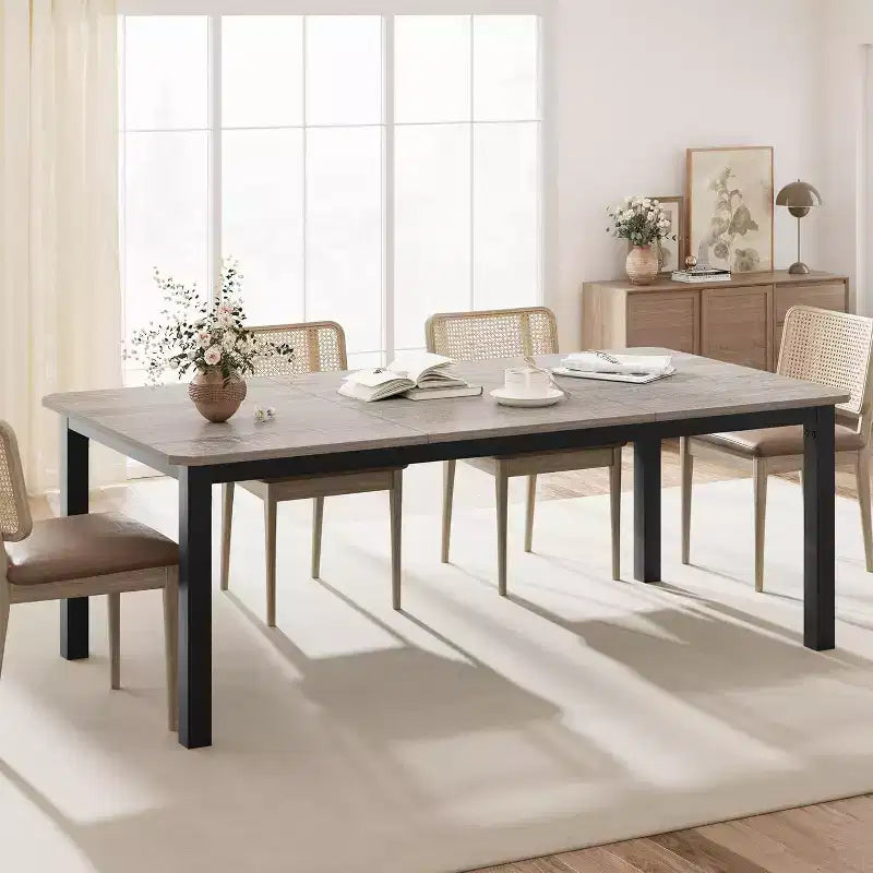 Tavolo da pranzo in legno industriale per 6-8 persone, nero/grigio/color retrò, rettangolare 78"
