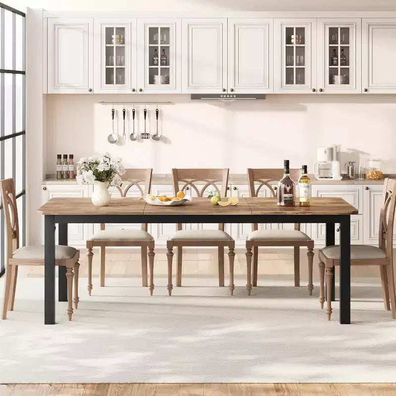 Tavolo da pranzo in legno industriale per 6-8 persone, nero/grigio/color retrò, rettangolare 78"