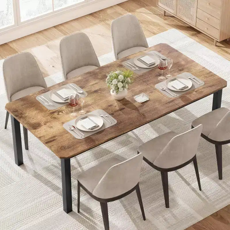 Tavolo da pranzo in legno industriale per 6-8 persone, nero/grigio/color retrò, rettangolare 78"