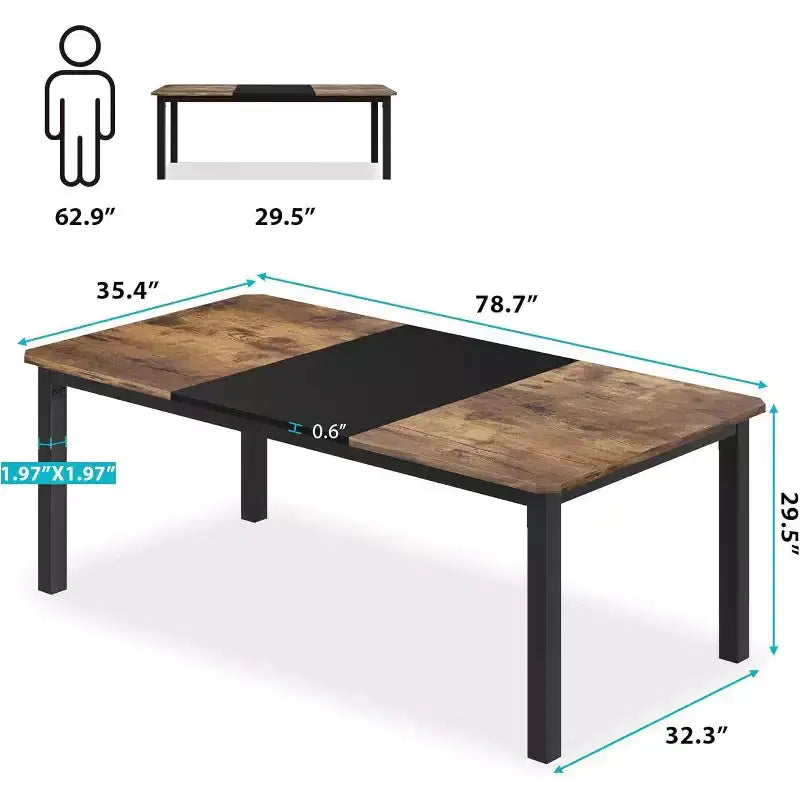 Tavolo da pranzo in legno industriale per 6-8 persone, nero/grigio/color retrò, rettangolare 78"